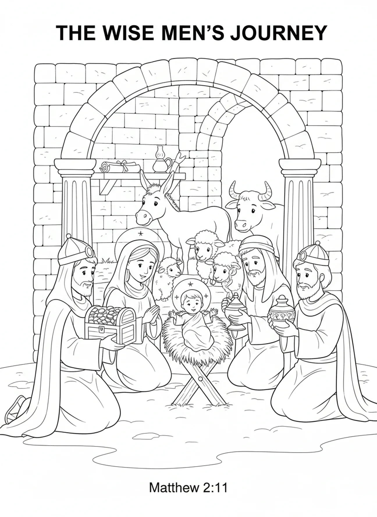 Les Trois Rois Mages offrant des cadeaux à Marie et au bébé Jésus, page à colorier des Trois Rois Mages pour les enfants de l'École du dimanche âgés de 5 à 12 ans.
