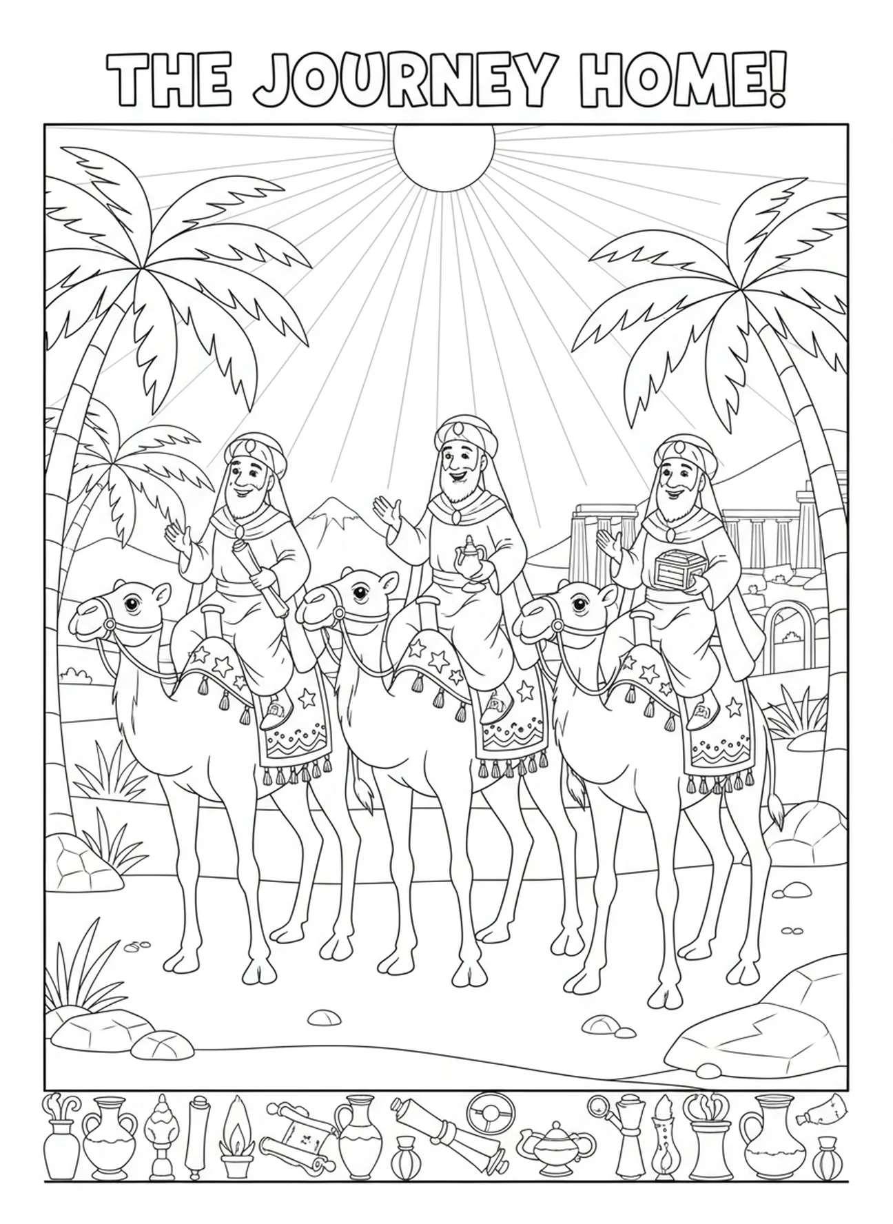 Les Trois Rois Mages rentrent chez eux, page à colorier des Trois Rois Mages pour les enfants de l'École du dimanche âgés de 5 à 12 ans.