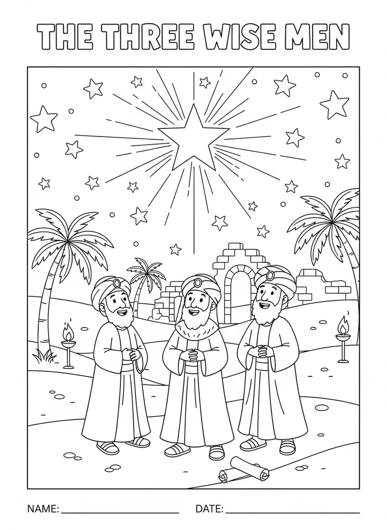 Les Trois Rois Mages sous le ciel étoilé, page à colorier des Rois Mages pour les enfants de l'École du dimanche âgés de 5 à 12 ans.