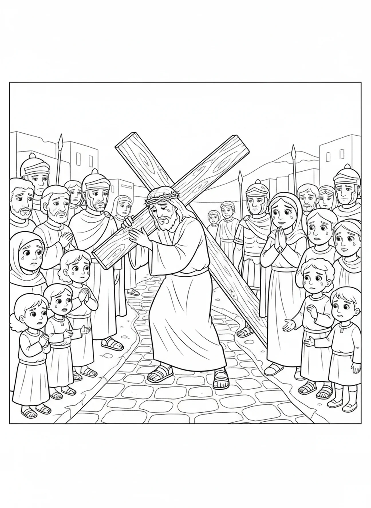 Multitud diversa observando a Jesús, página para colorear de la Crucifixión para niños de 5 a 10 años.