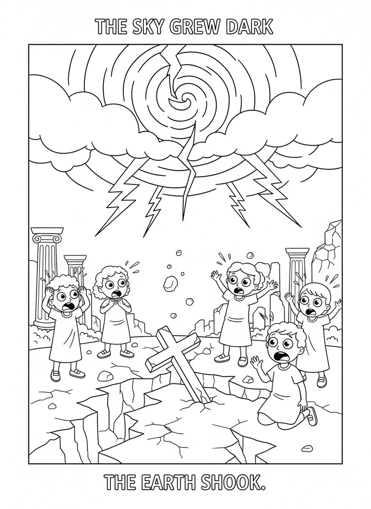 Cielo oscureciéndose durante la muerte de Jesús, página para colorear del Crucifijo para niños de 5 a 10 años.
