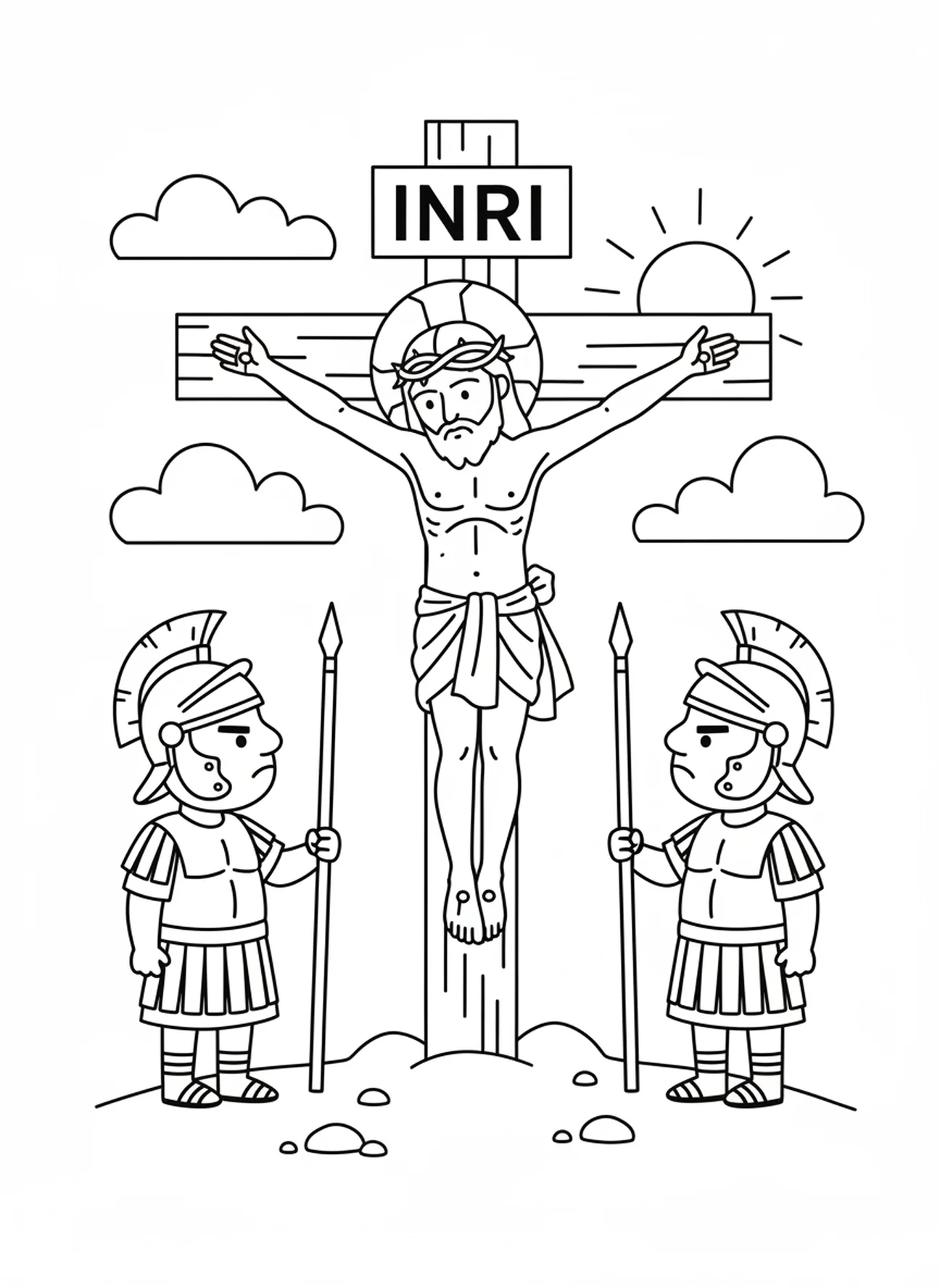 Jesús en la cruz, página para colorear del Crucifijo para niños de 5 a 10 años.