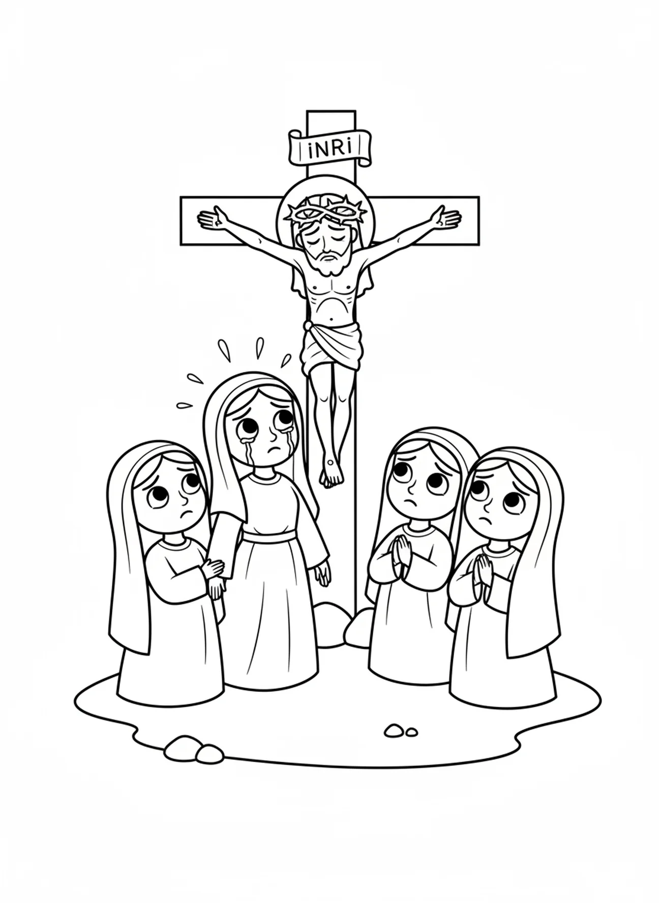 María al pie de la cruz, página para colorear del crucifijo para niños de 5 a 10 años.