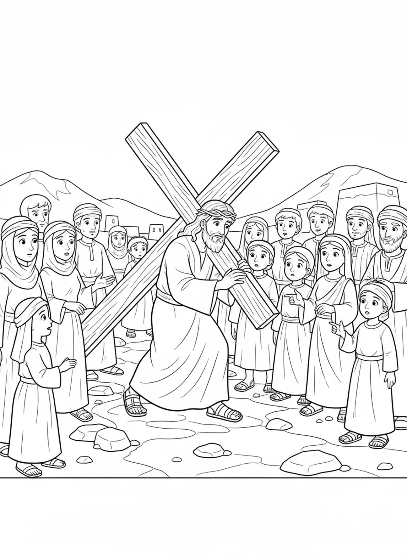 Jesus trägt ein Kreuz, Ausmalbild mit Dornenkrone für Kinder im Alter von 5-10 Jahren