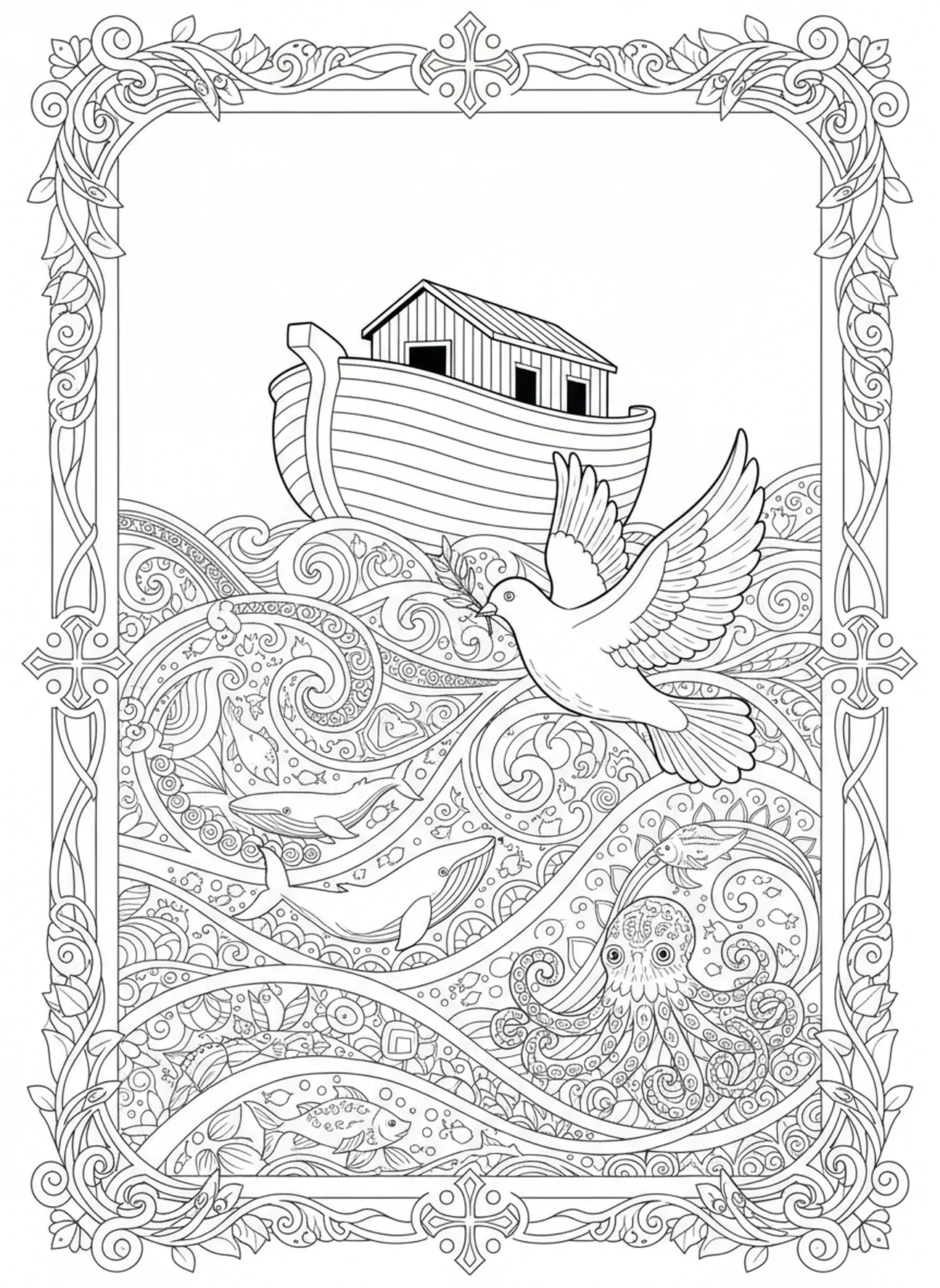 Noahs Arche am Horizont, Taube Heiliger Geist Ausmalbild für Erwachsene im Bibel-Journaling-Stil.