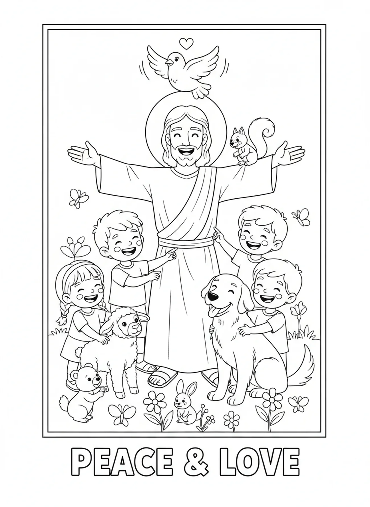 Jesús con niños, página para colorear del Espíritu Santo en forma de paloma para niños de 5 a 10 años