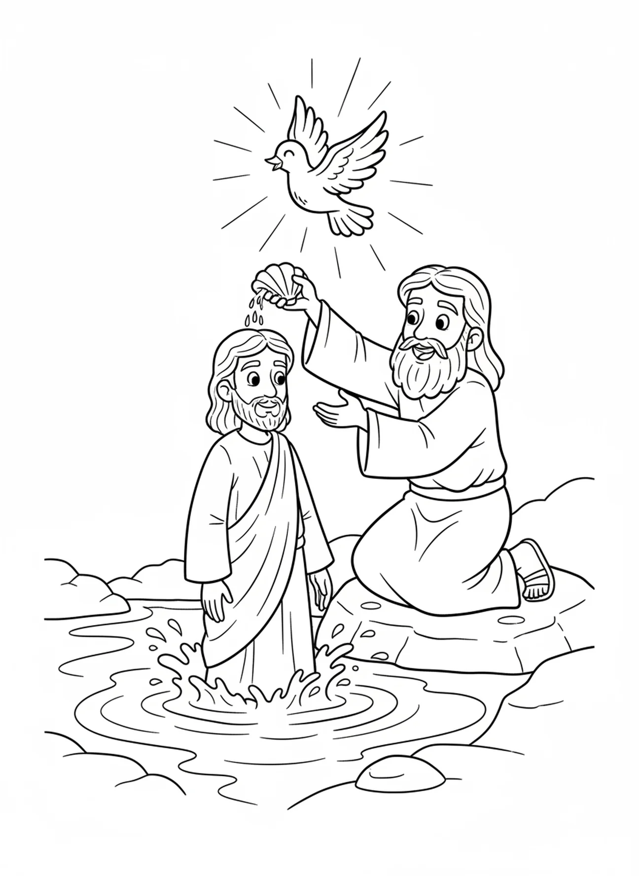 Jesús en el río, página para colorear del Espíritu Santo en forma de paloma para niños de 5 a 10 años