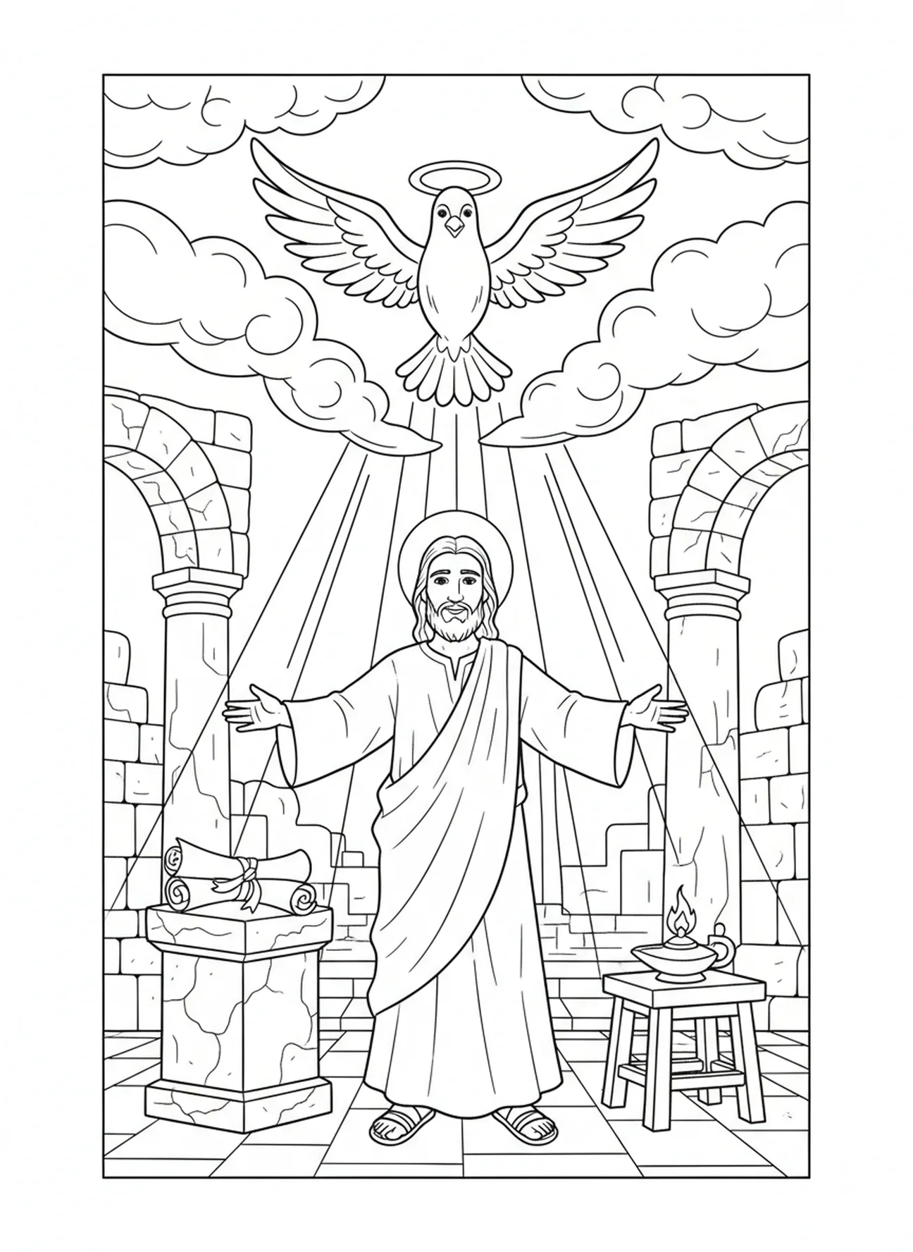Colombe descendant du ciel, page à colorier de la Colombe Saint-Esprit pour les enfants de l'École du dimanche âgés de 5 à 12 ans