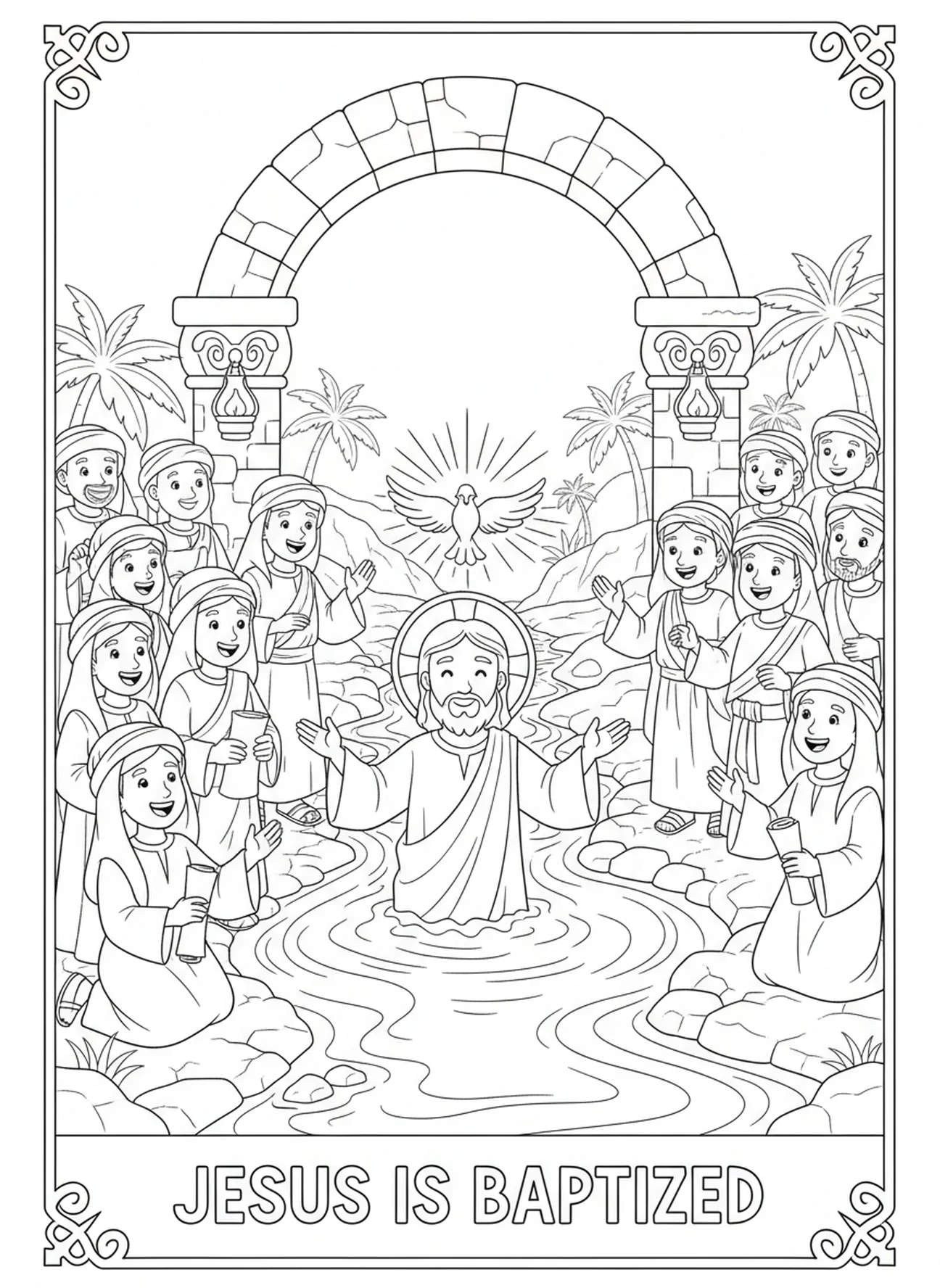 Jésus émergeant de l'eau, page à colorier du Saint-Esprit en forme de colombe pour les enfants de l'École du dimanche âgés de 5 à 12 ans
