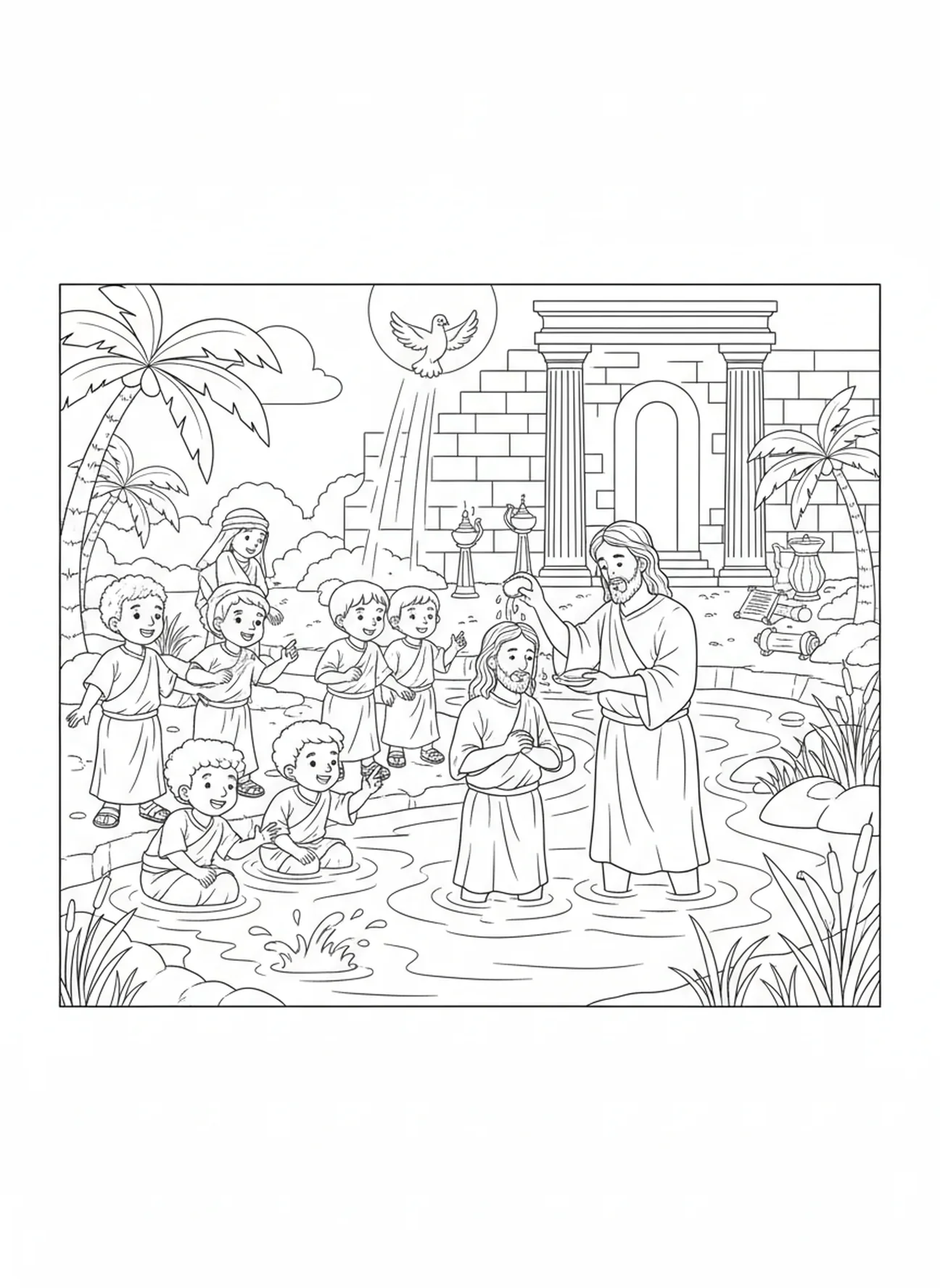 Enfants au bord du fleuve Jourdain, page à colorier du Saint-Esprit en forme de colombe pour l'École du dimanche, enfants de 5 à 12 ans