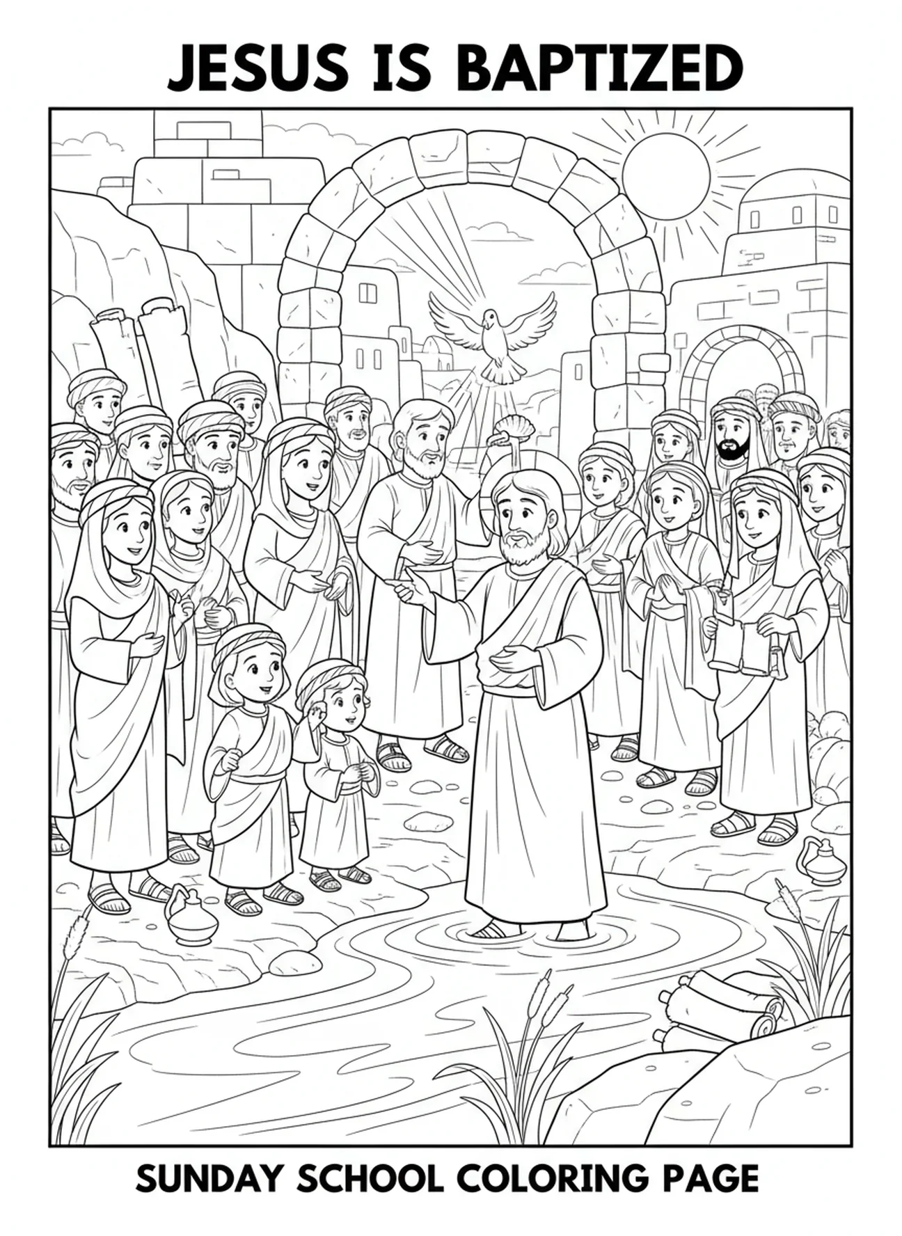 Foule témoignant du baptême, page à colorier de la colombe du Saint-Esprit pour les enfants de l'École du dimanche âgés de 5 à 12 ans