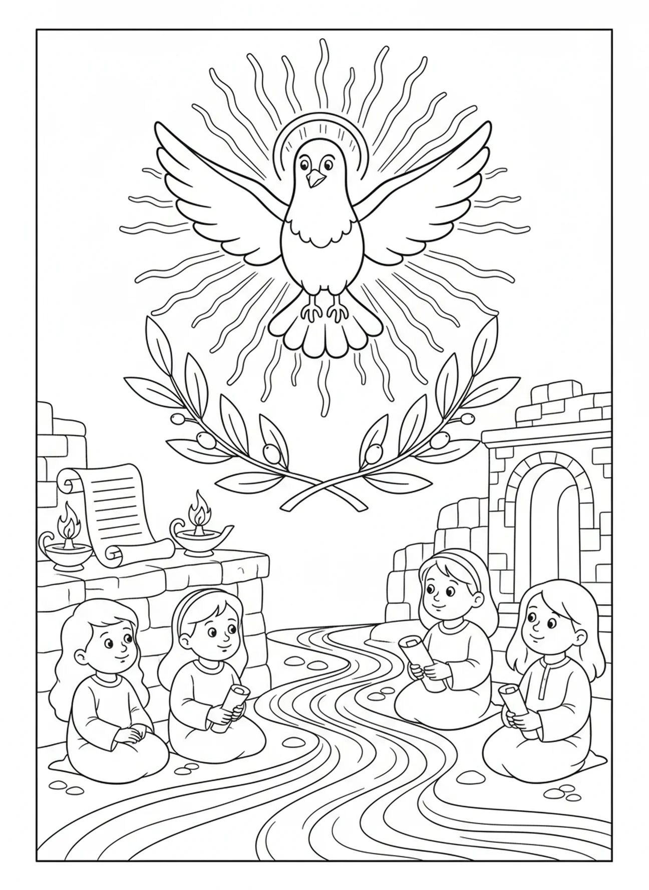 Lumière du Saint-Esprit rayonnante, page à colorier du Saint-Esprit en forme de colombe pour les enfants de l'École du dimanche âgés de 5 à 12 ans