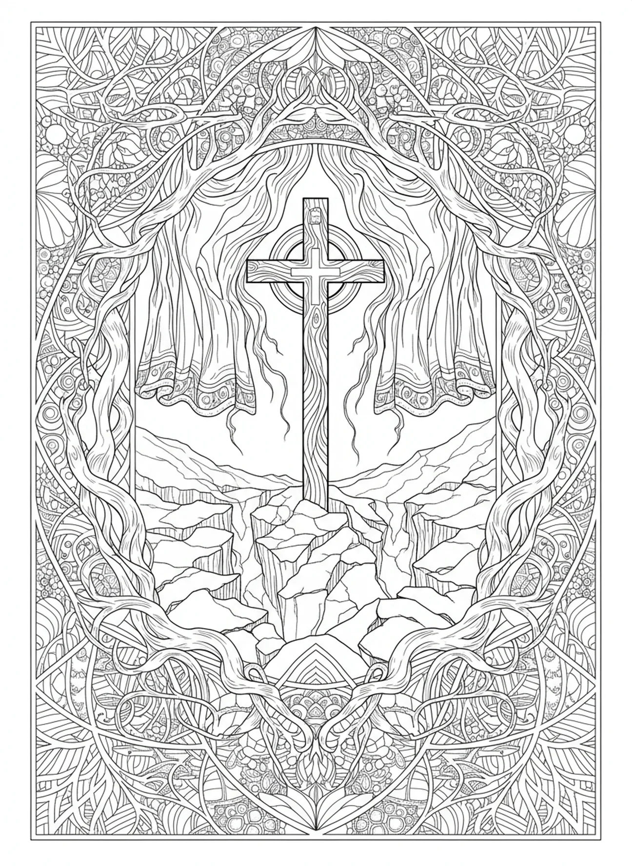 Earthquake at the crucifixion, Crucifixion coloring page for adults Bible journaling style