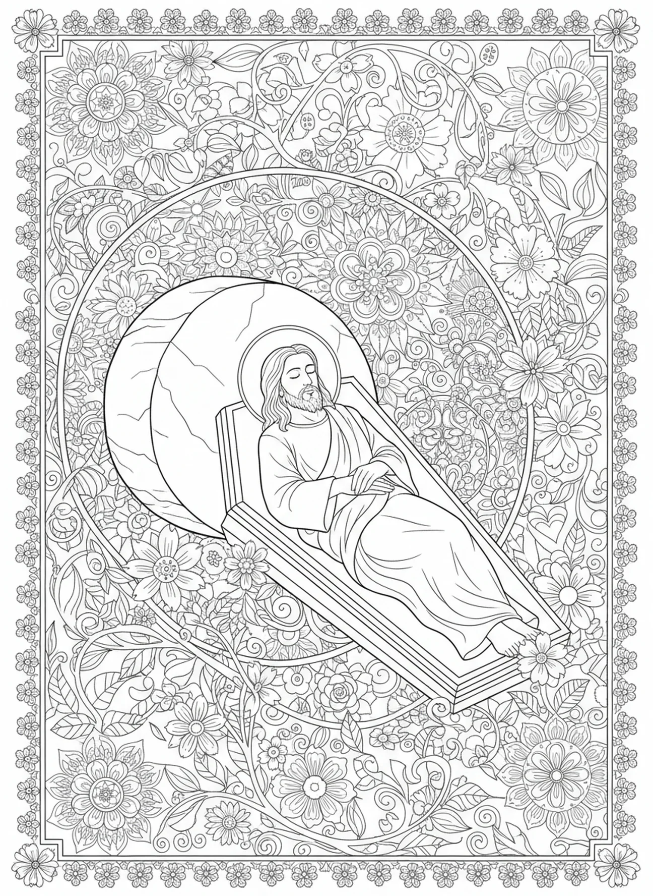 Jesus buried in the tomb, Crucifixion coloring page for adults Bible journaling style