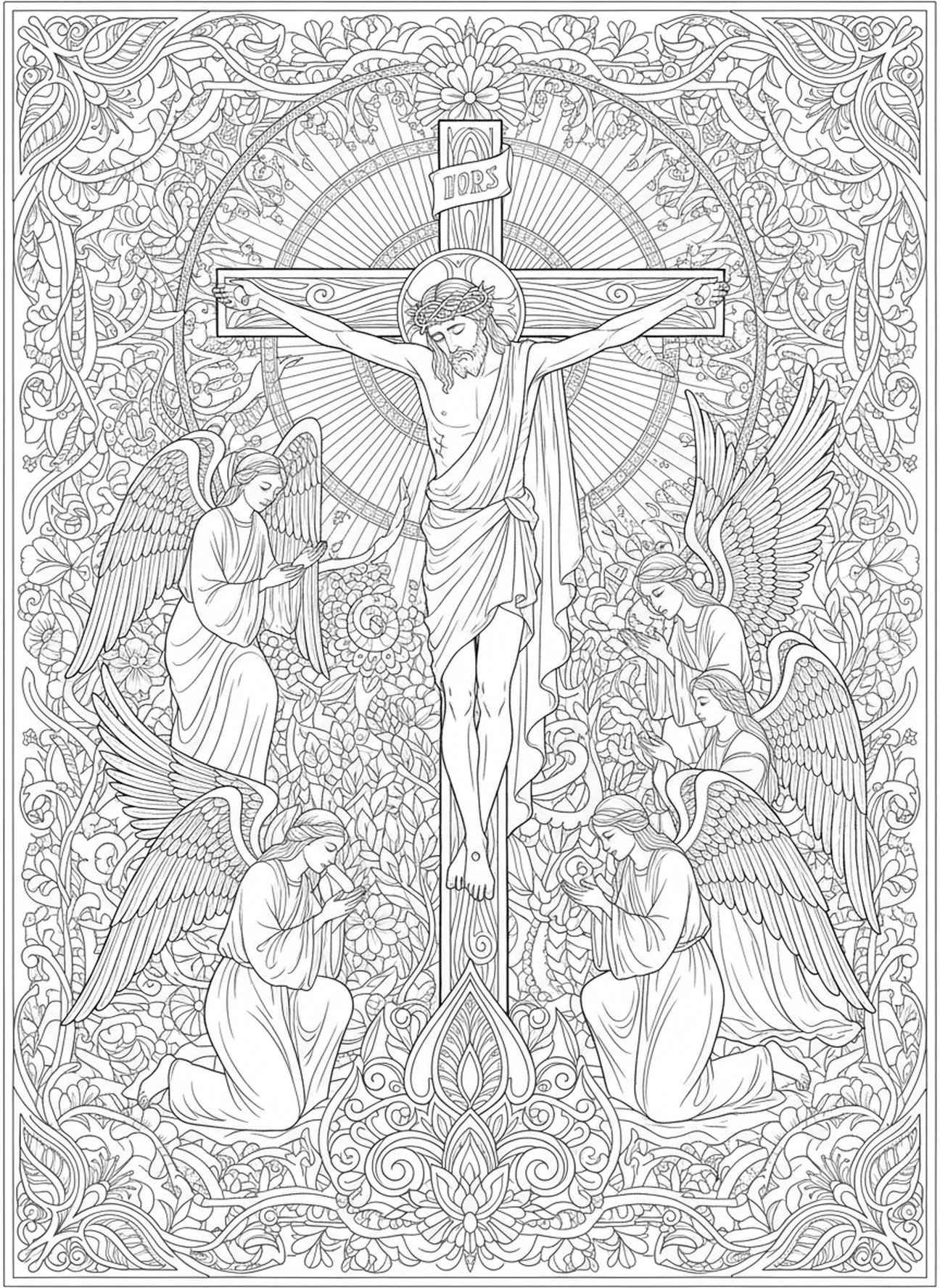 Jesus dying on the cross, Crucifixion coloring page for adults Bible journaling style