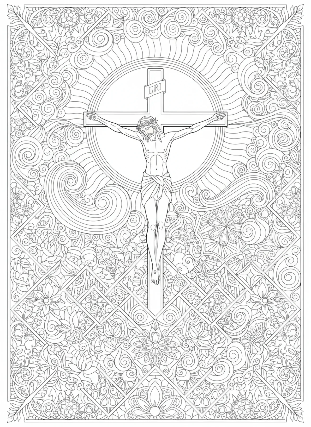 Jesus nailed to the cross, Crucifixion coloring page for adults Bible journaling style