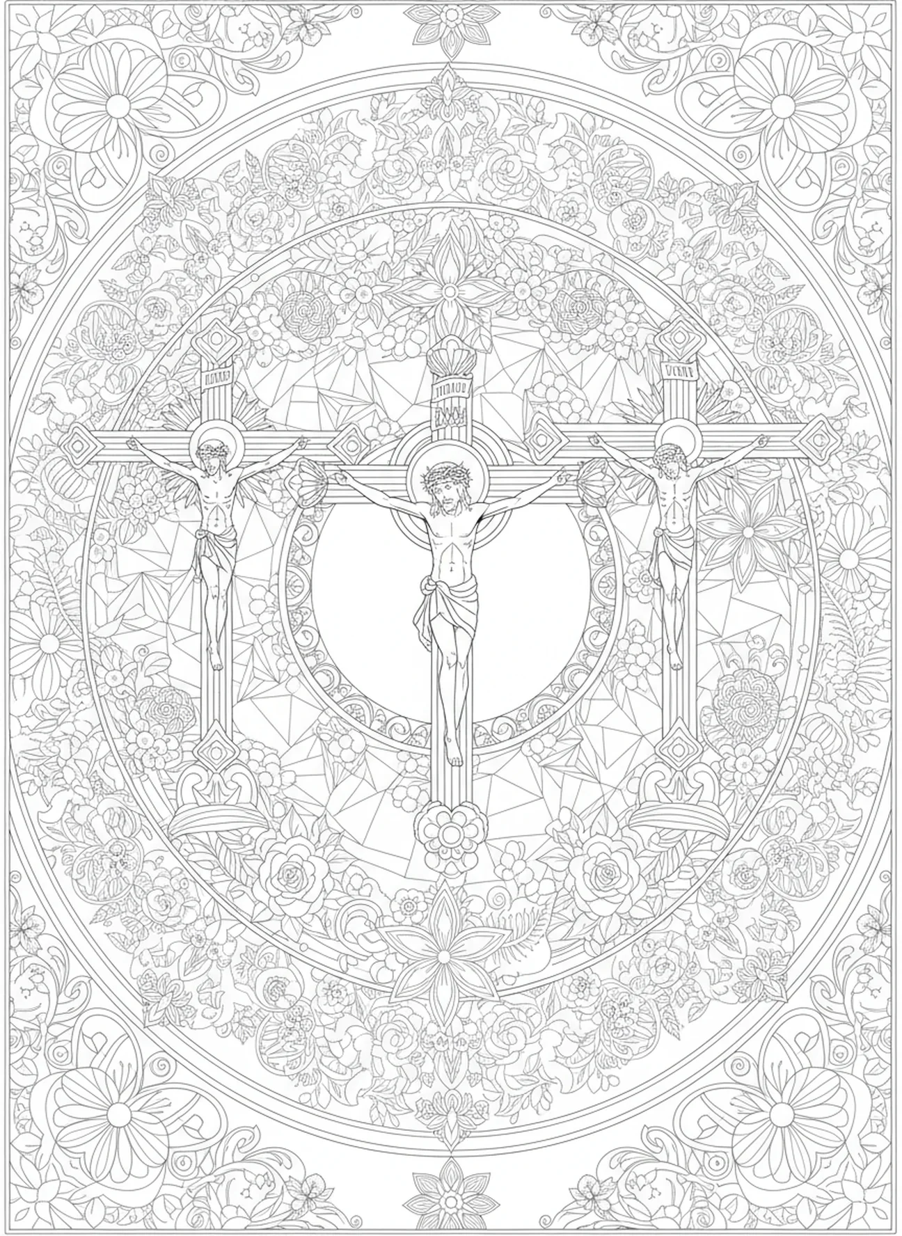Two thieves on crosses, Crucifixion coloring page for adults Bible journaling style