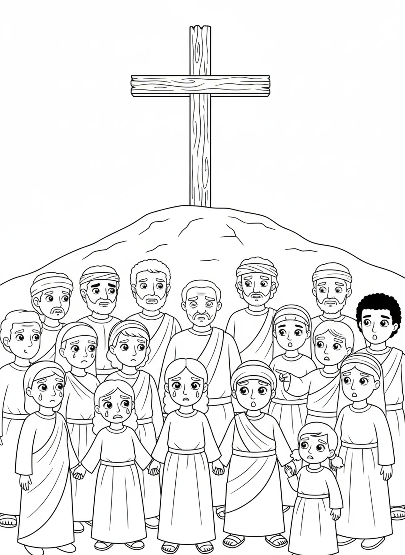 Crowd watching the crucifixion, Crucifixion coloring page for kids age 5-10