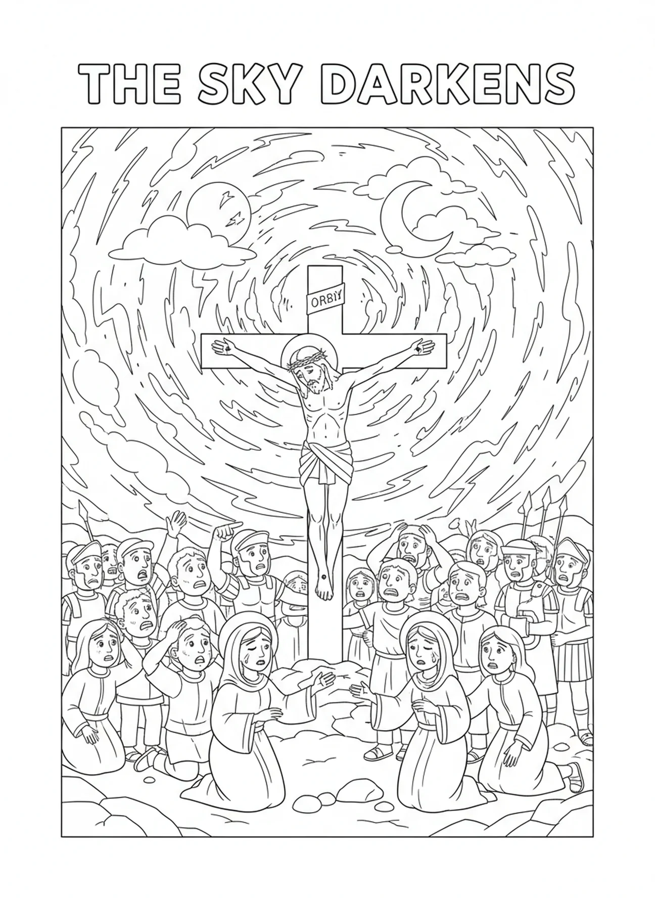 Dark sky during the crucifixion, Crucifixion coloring page for kids age 5-10