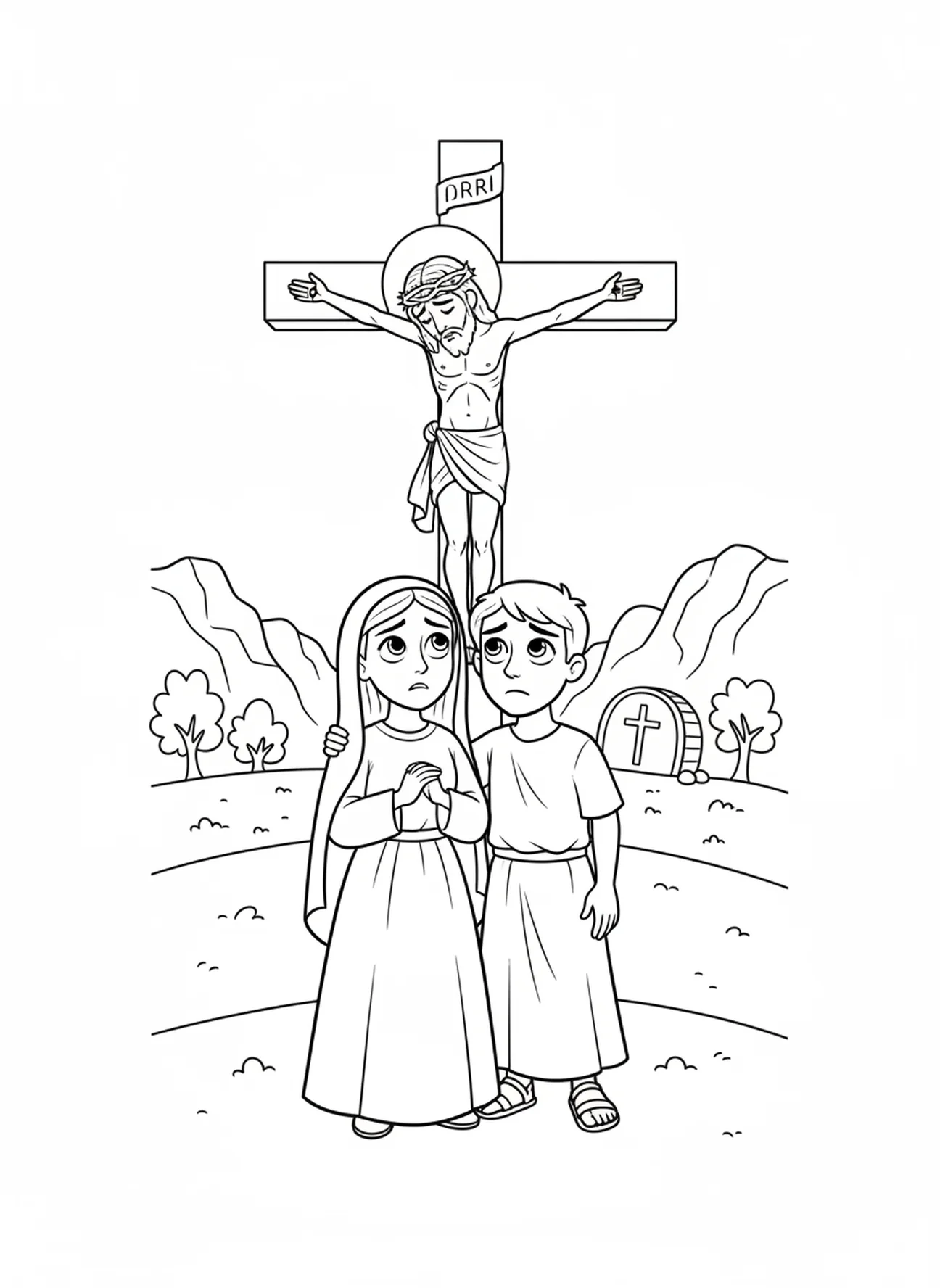 Mary and John, Crucifixion coloring page for kids age 5-10