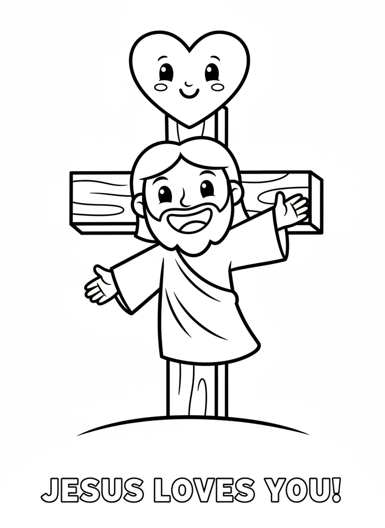 Jesus sorridente levantando o braço, página para colorir da Crucificação para crianças de 3 a 5 anos