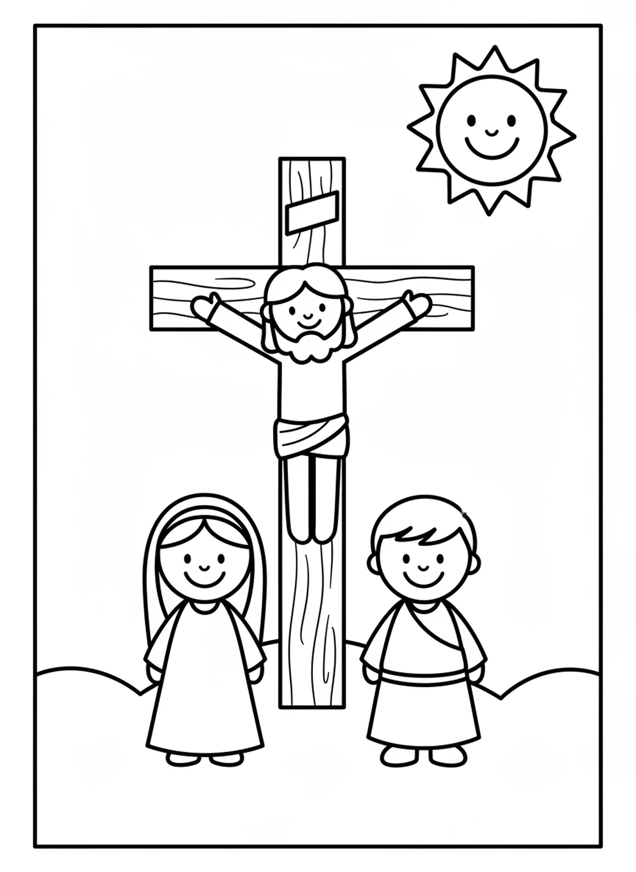 Maria e João sorrindo, página de colorir da Crucificação para crianças de 3 a 5 anos