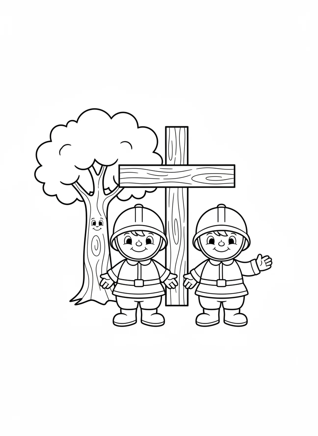 Dois soldados alegres, página de colorir sobre a Crucificação para crianças de 3 a 5 anos