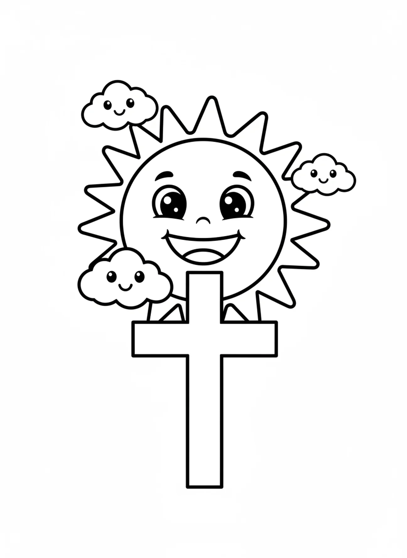 Pôr do sol sorridente, página para colorir da Crucificação para crianças de 3 a 5 anos