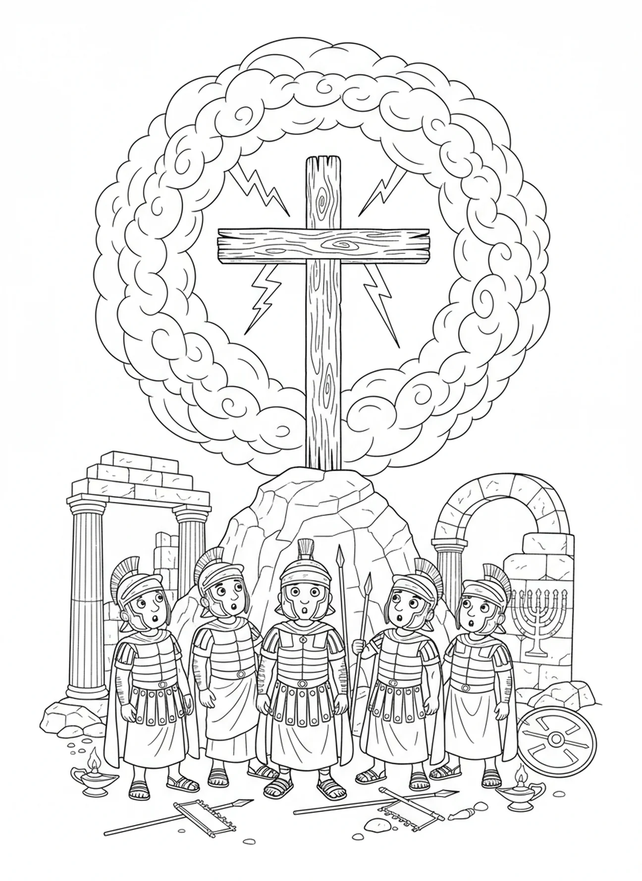 Céu escurecido acima da cruz, página de colorir da Crucificação para crianças da Escola Dominical de 5 a 12 anos