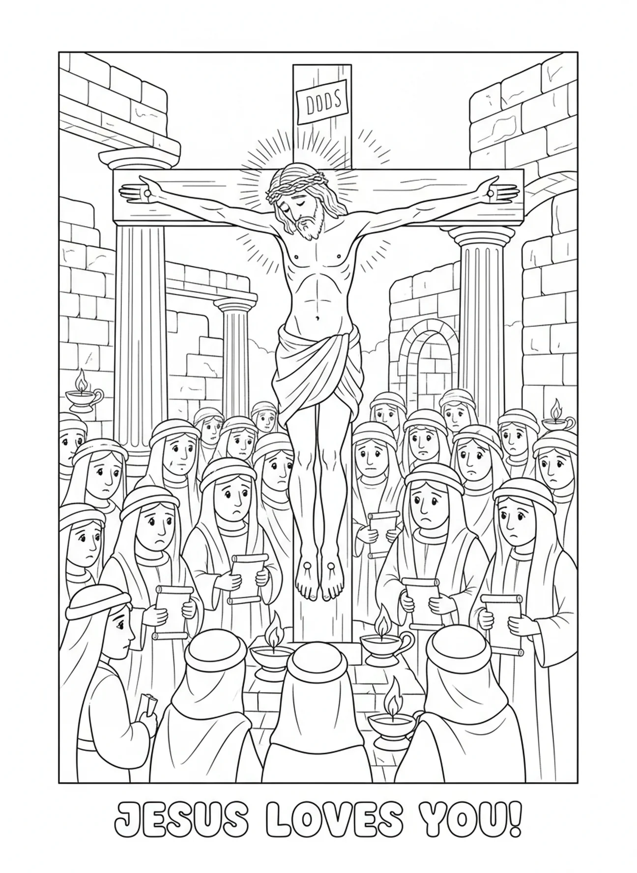 Jesus entregando seu último suspiro, página para colorir da Crucificação para crianças da Escola Dominical de 5 a 12 anos