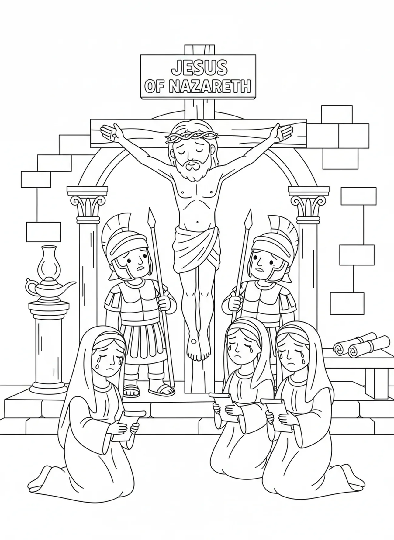 Jesus na cruz, página de colorir da Crucificação para crianças da Escola Dominical de 5 a 12 anos