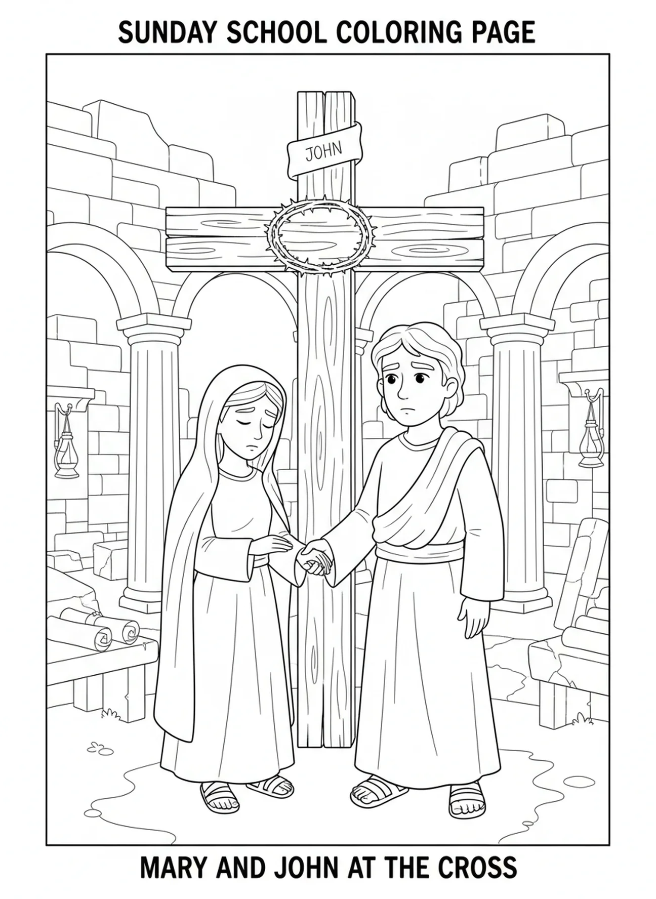 Maria e João, página para colorir da Crucificação para crianças da Escola Dominical de 5 a 12 anos