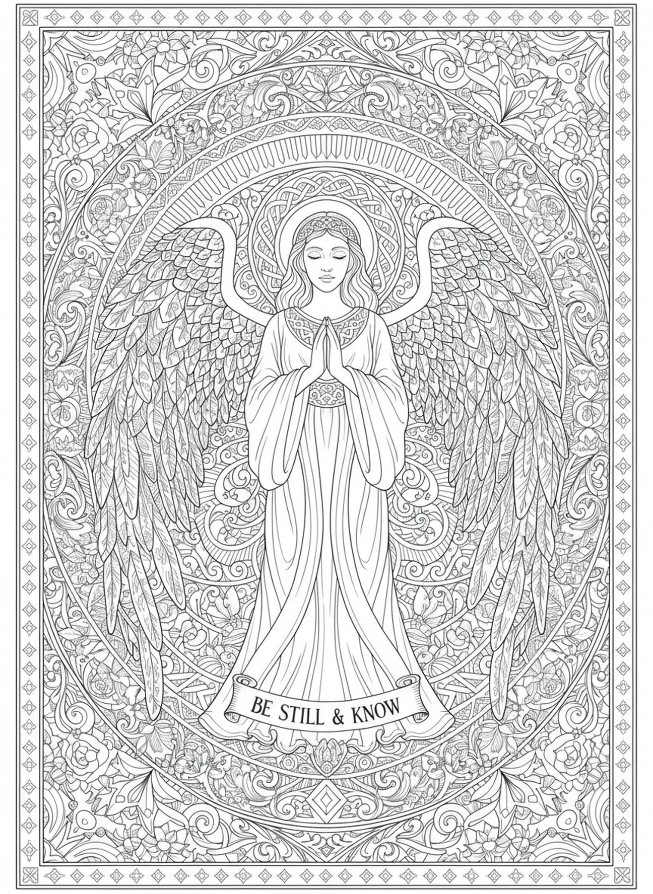 Figure angélique avec des motifs, page à colorier de la Croix de Pâques pour adultes dans le style du journal biblique.