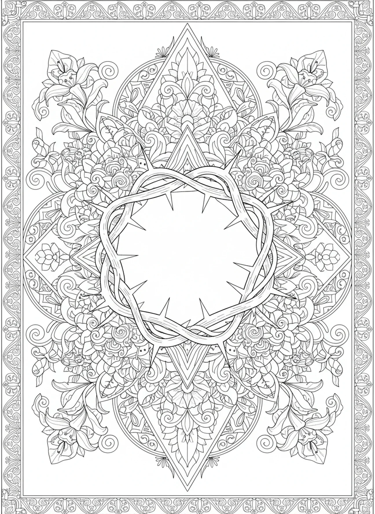 Grande couronne d'épines, page à colorier de la Croix de Pâques pour adultes dans un style de journal biblique.