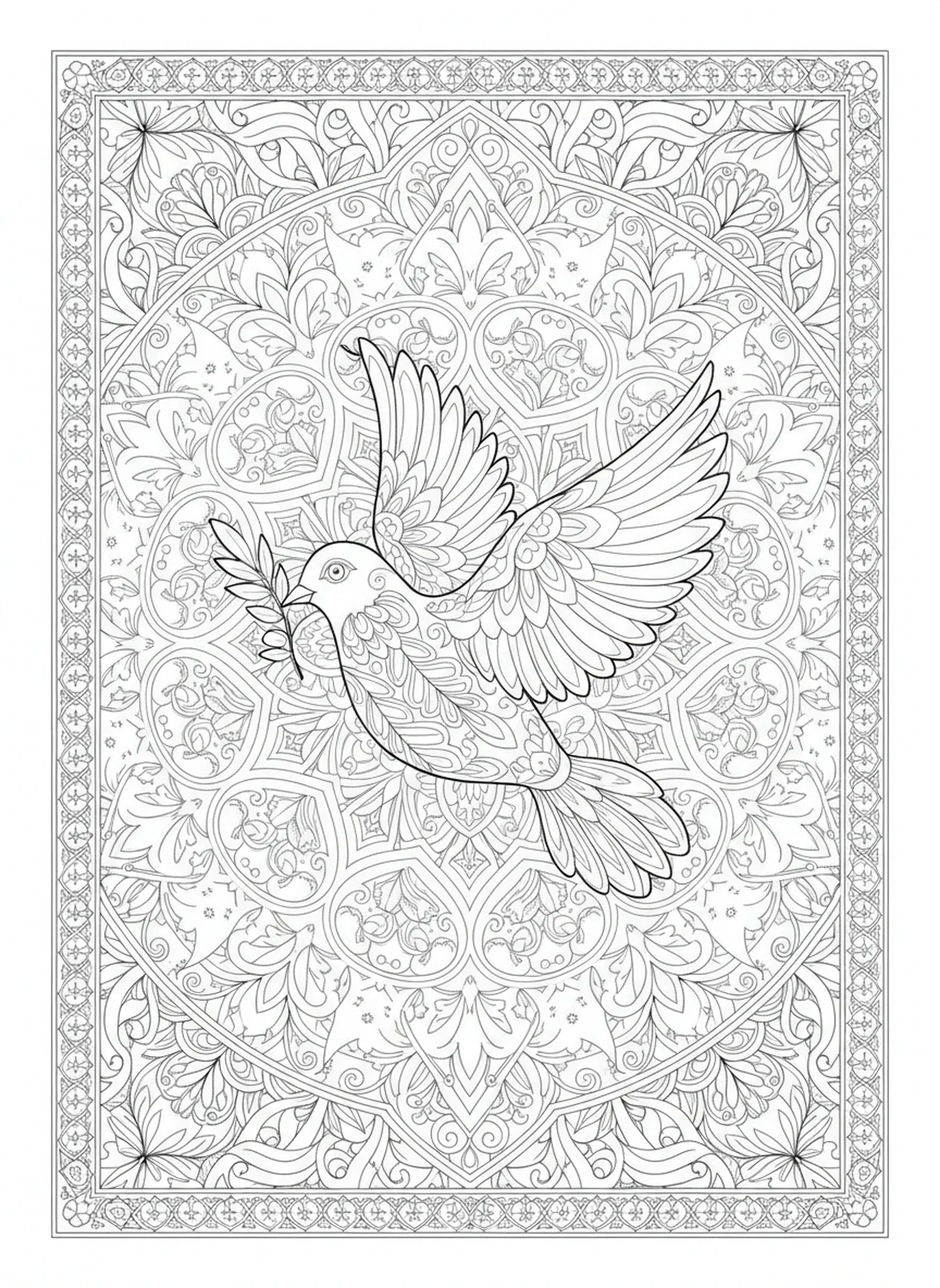 Colombe avec branche d'olivier, page à colorier de la Croix de Pâques pour adultes dans un style de journal biblique.