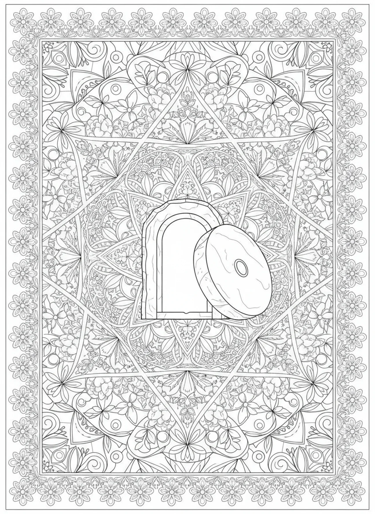 Tombeau ouvert et vide avec une pierre, page à colorier de la Croix de Pâques pour le style de journal biblique pour adultes.