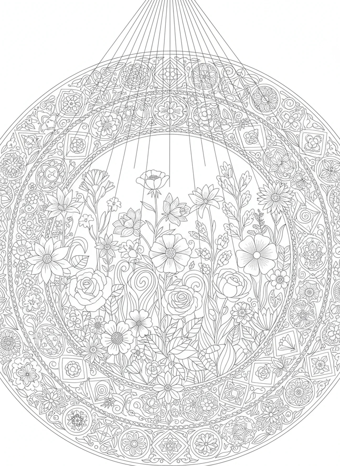 Rayons de lumière éclatants avec des fleurs, page à colorier de la Croix de Pâques pour adultes dans le style du journal biblique.