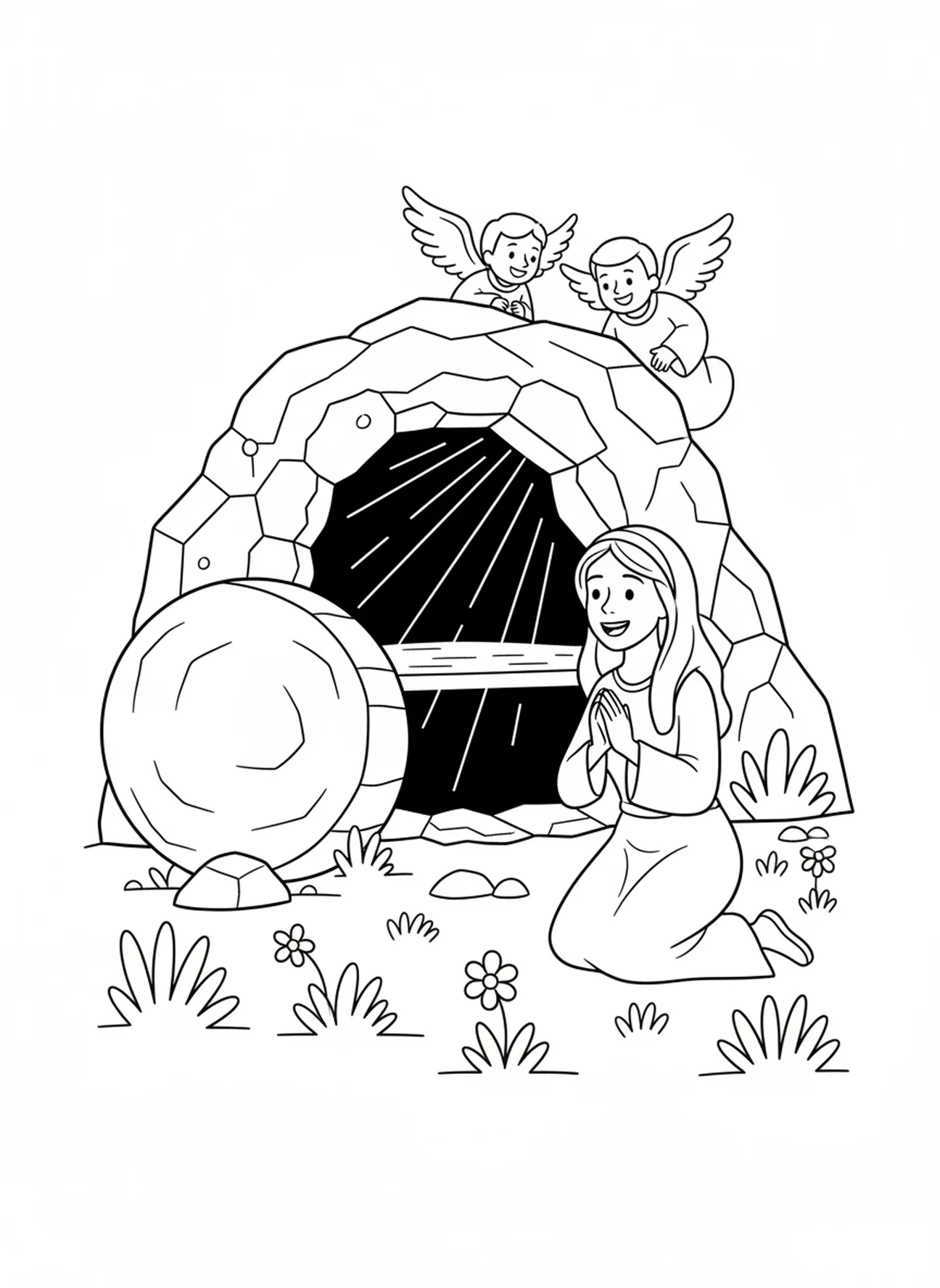 Die fröhliche Maria Magdalena am leeren Grab, Ausmalbild zum Osterkreuz für Kinder im Alter von 5-10 Jahren.