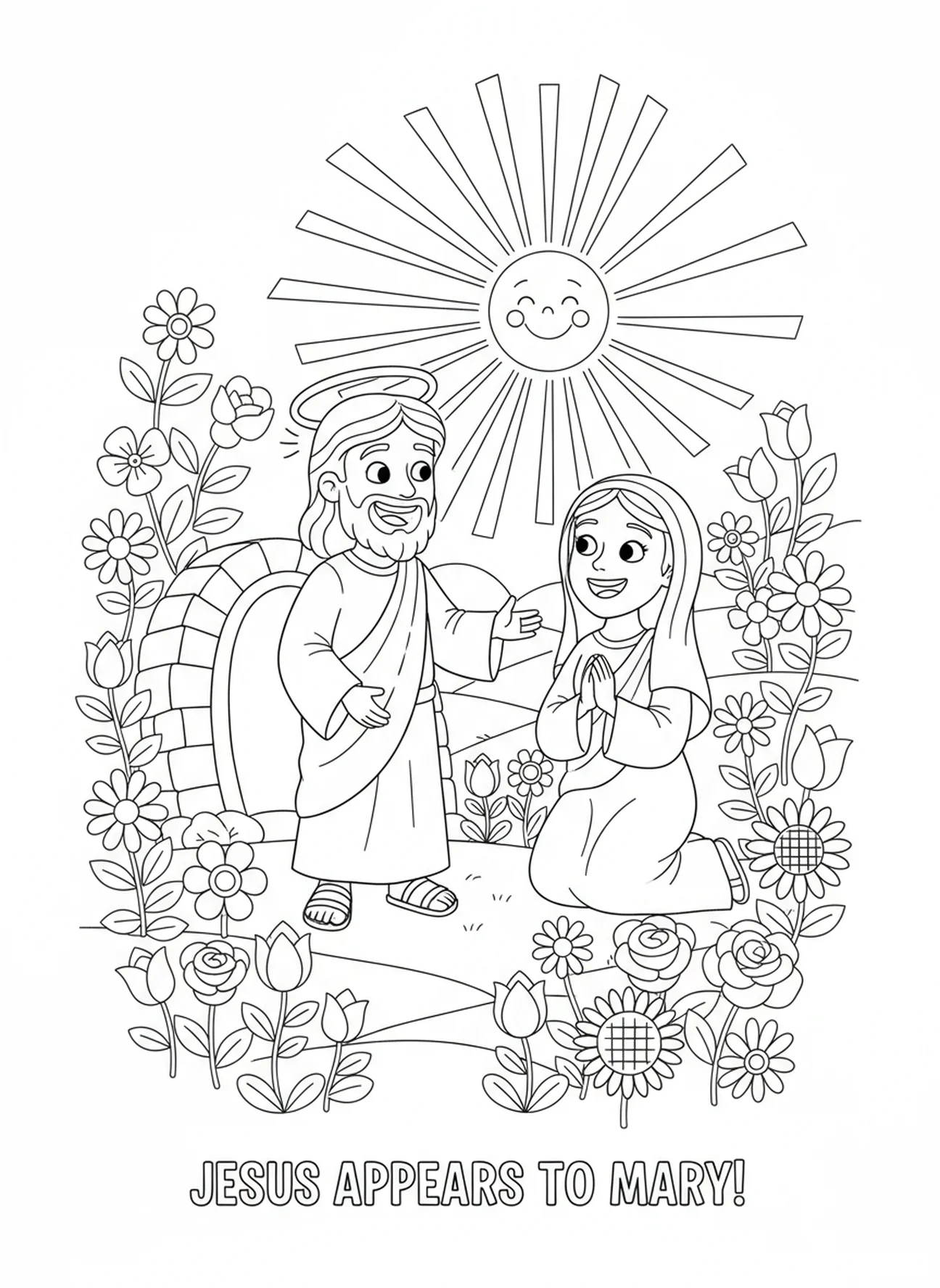Jesus erscheint Maria Magdalena, Ausmalbild zum Osterkreuz für Kinder im Alter von 5-10 Jahren.