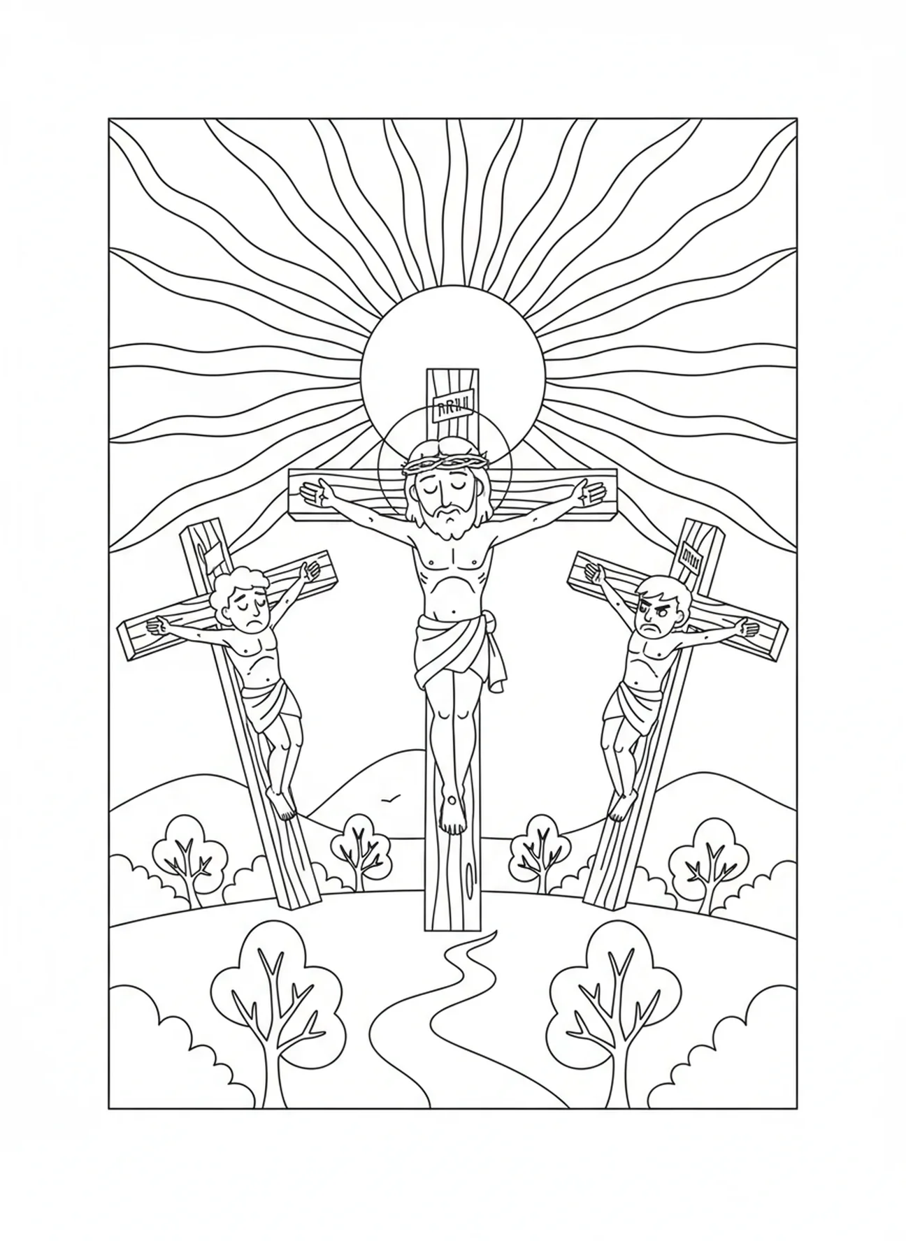 Jesus am Kreuz, Ausmalbild vom Osterkreuz für Kinder im Alter von 5-10 Jahren.