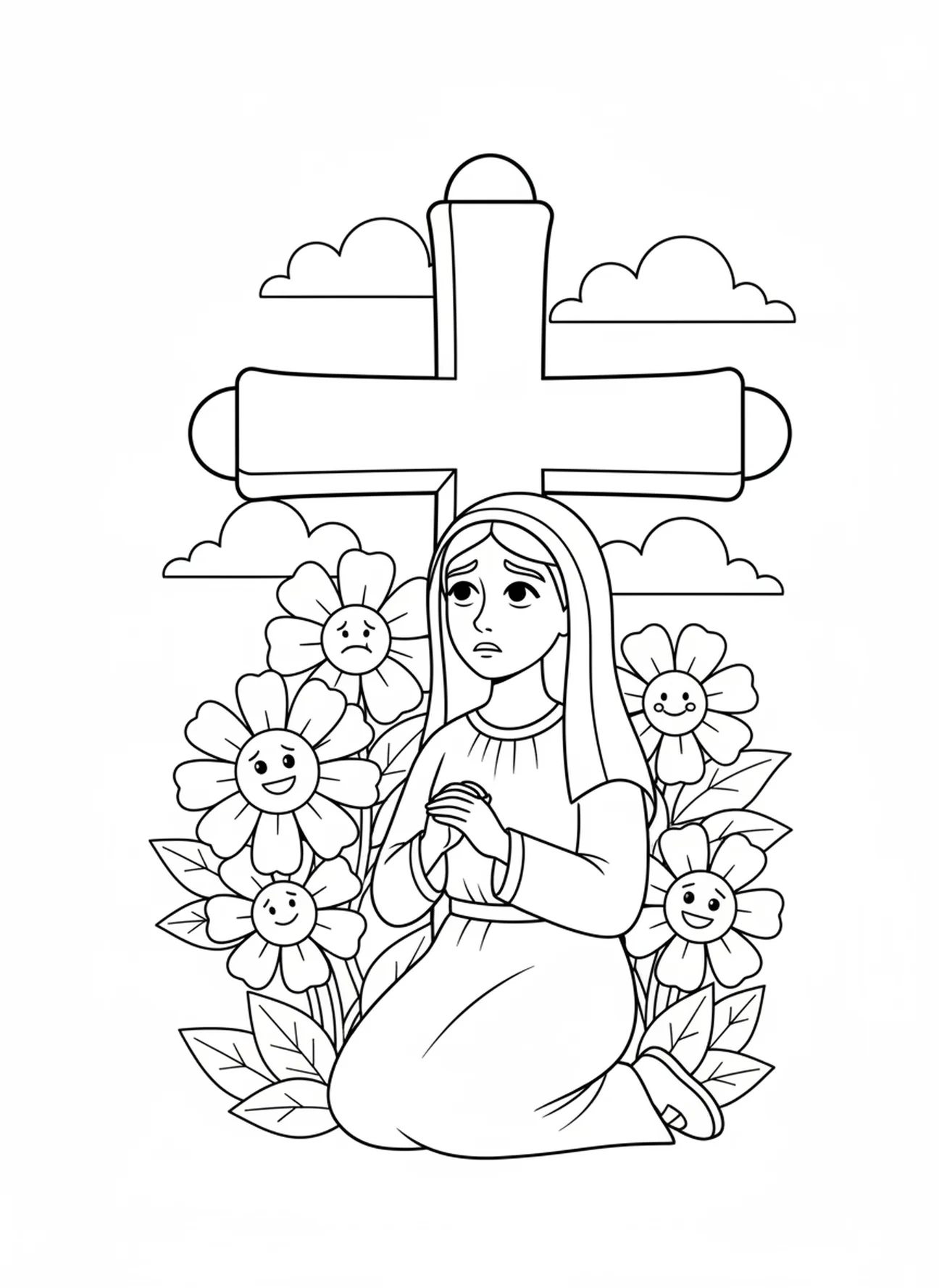 Maria zu Füßen des Kreuzes, Ausmalbild zum Osterkreuz für Kinder im Alter von 5-10 Jahren.