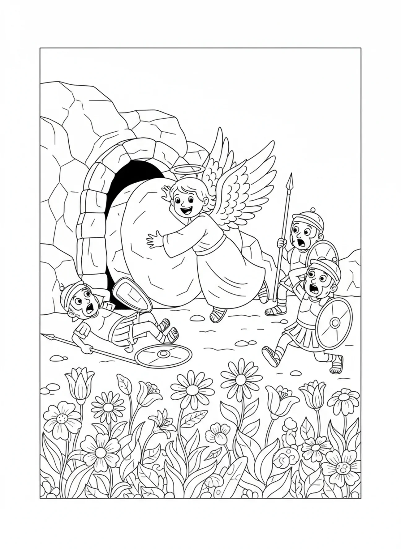 Engel rollt den Grabstein weg, Ausmalbild zum Osterkreuz für Kinder im Alter von 5-10 Jahren.