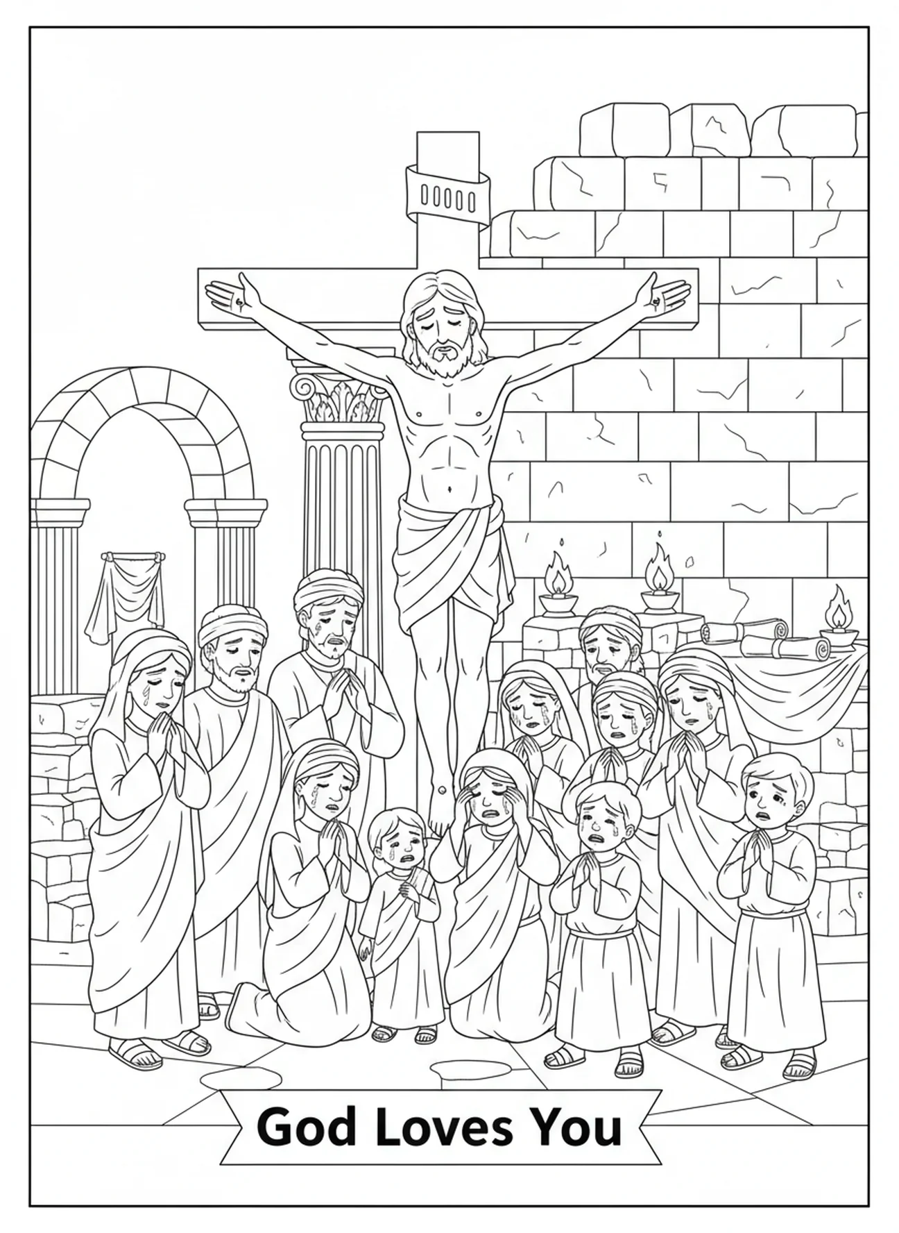 Jesus breathing his last on the cross, Easter Cross coloring page for Sunday school children age 5-12.