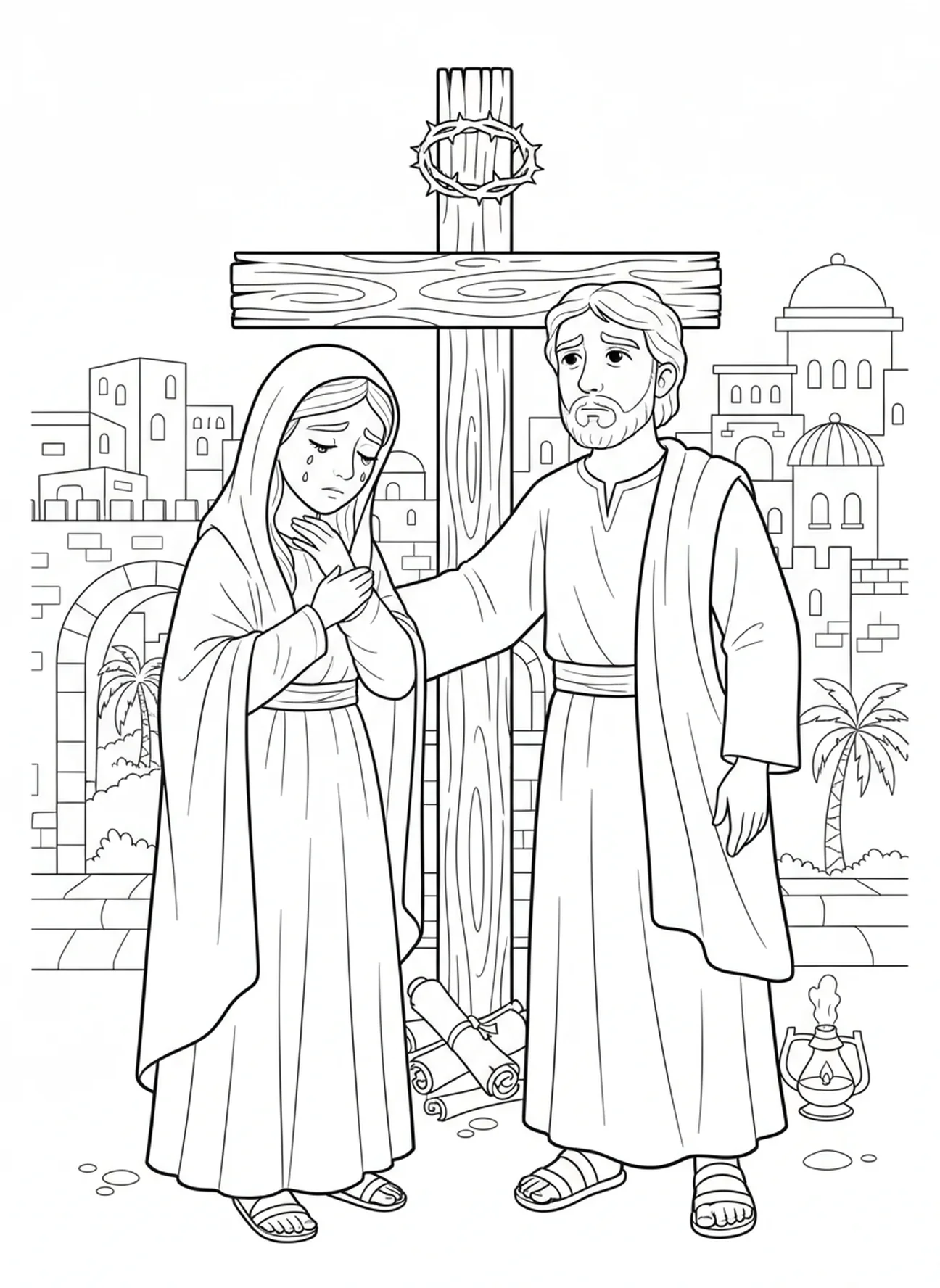 Mary and John by the cross, Easter Cross coloring page for Sunday school children age 5-12.