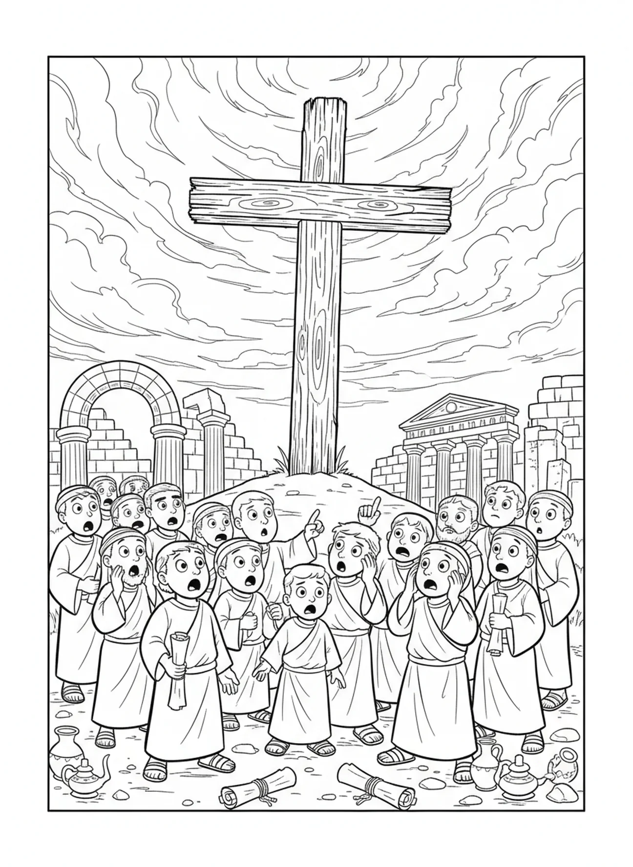Darkened sky during crucifixion, Easter Cross coloring page for Sunday school children age 5-12.