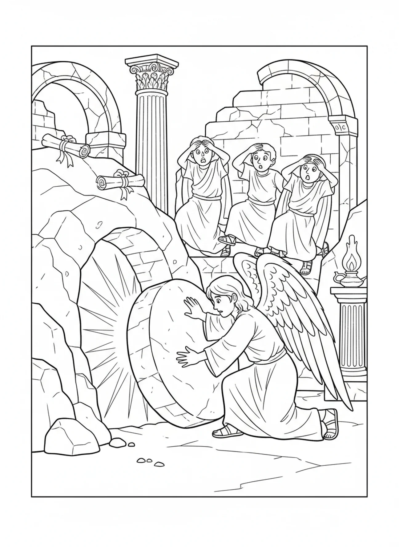 Angel rolling away the stone, Easter Cross coloring page for Sunday school children age 5-12.