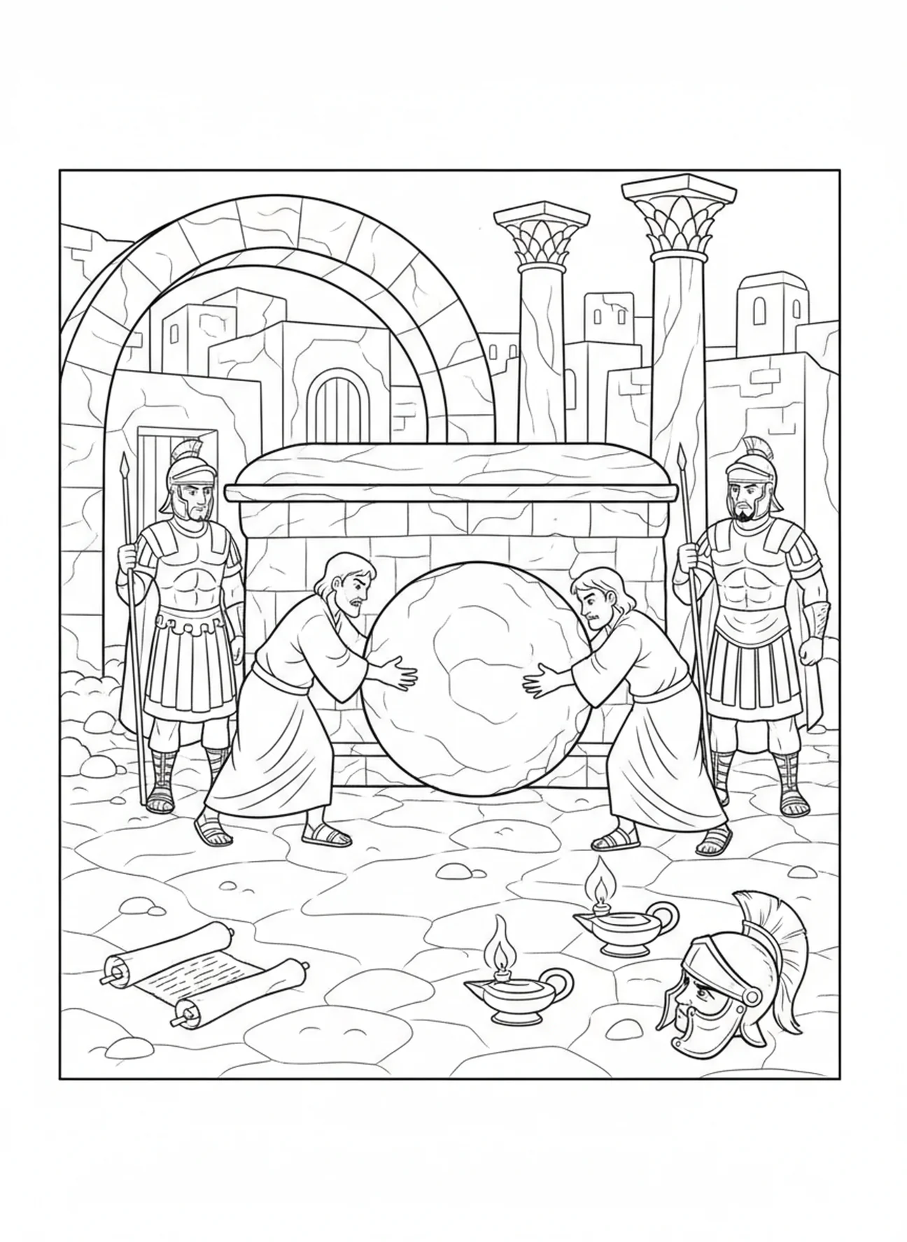 Stone tomb being prepared, Easter Cross coloring page for Sunday school children age 5-12.
