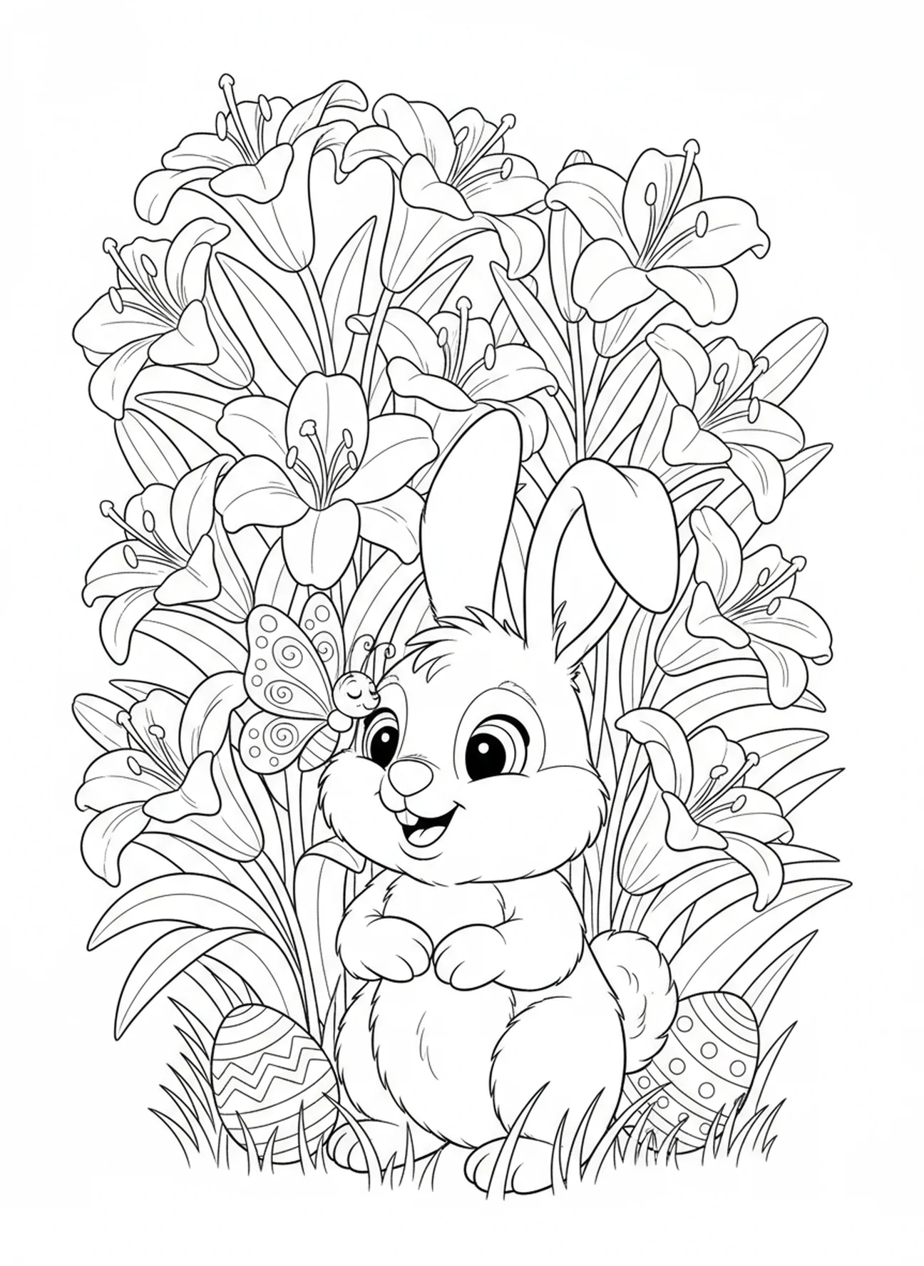 Cute bunny hiding, Easter Lily coloring page for kids age 5-10