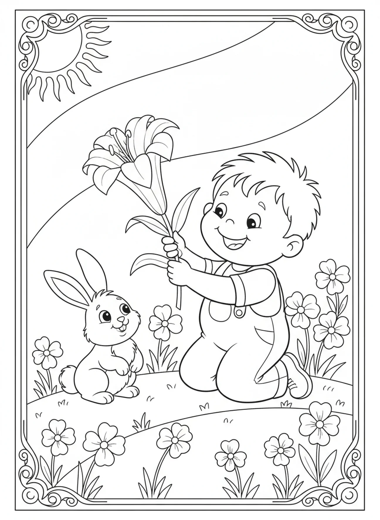 Joyful child picking flower, Easter Lily coloring page for kids age 5-10
