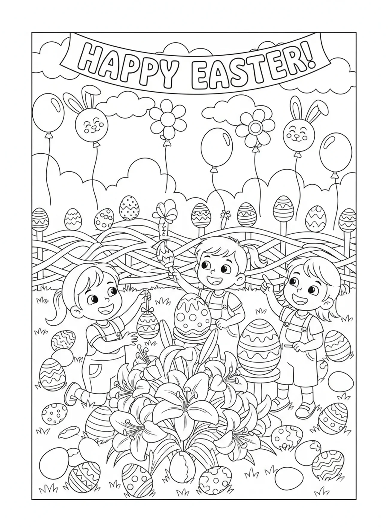 Children celebrating Easter, Easter Lily coloring page for kids age 5-10